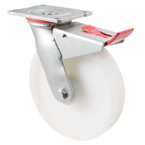 H Series castor, 200mm white nylon wheel, roller bearing, swivel plate, total brake, 500 kg load