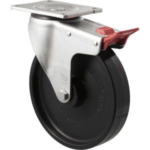 O Series castor, 200mm blacknylon wheel, roller bearing, swivel plate, total brake, 500 kg load