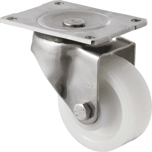 O Series stainless steel specialised castor, 100mm white nylon wheel, SS roller bearing, swivel plate, 350 kg load