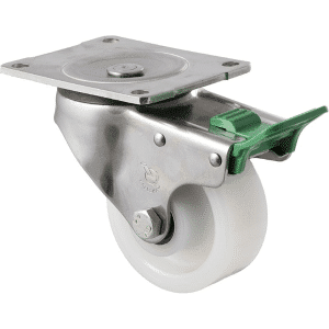 O Series stainless steel specialised castor, 100mm white nylon wheel, SS roller bearing, swivel plate, direction lock, 350 kg load