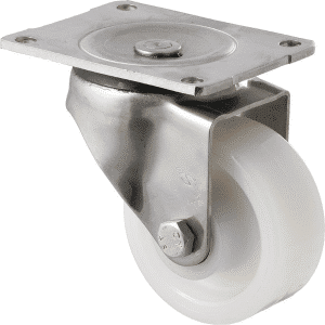 O Series stainless steel specialised castor, 100mm white nylon wheel, SS roller bearing, swivel North American (NA) plate, 350 kg load
