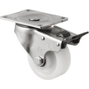 O Series stainless steel specialised castor, 100mm white nylon wheel, SS roller bearing, swivel plate, total brake, 350 kg load