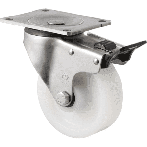 O Series stainless steel specialised castor, 125mm white nylon wheel, SS roller bearing, swivel North American (NA) plate, total brake, 400 kg load