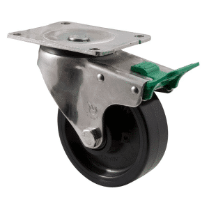 O Series stainless steel specialised castor, 125mm black nylon wheel, SS roller bearing, swivel plate, direction lock, 400 kg load