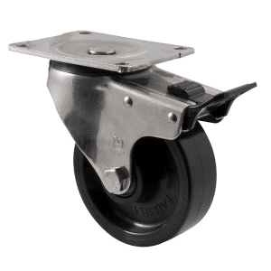 O Series stainless steel specialised castor, 125mm black nylon wheel, SS roller bearing, swivel plate, total brake, 400 kg load