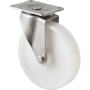 O Series stainless steel specialised castor, 200mm white nylon wheel, SS roller bearing, swivel North American (NA) plate, 500 kg load