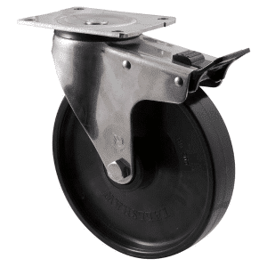 O Series stainless steel specialised castor, 200mm black nylon wheel, SS roller bearing, swivel North American (NA) plate, total brake, 500 kg load
