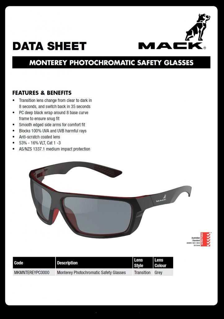 Mack Safety Glasses Monterey Photochromatic Variable Tint AS/NZS