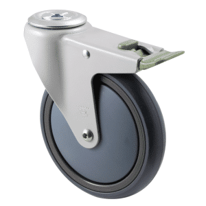 M Series castor, energy absorbent, 150mm grey rubber wheel, plain bearing, swivel bolt hole, direction lock, powder-coated, 200 kg load