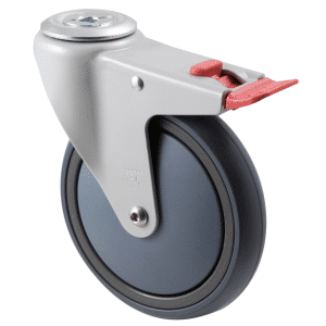 M Series castor, energy absorbent, 150mm grey rubber wheel, plain bearing, swivel bolt hole, total brake, powder-coated, 200 kg load