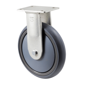 M Series castor, energy absorbent, 150mm grey rubber wheel, plain bearing, fixed North American (NA) plate, 200 kg load