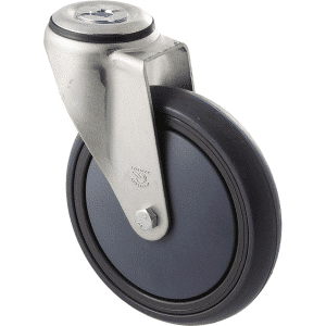 M Series castor, energy absorbent, 150mm grey rubber wheel, plain bearing, swivel bolt hole black seal & pedal, 200 kg load