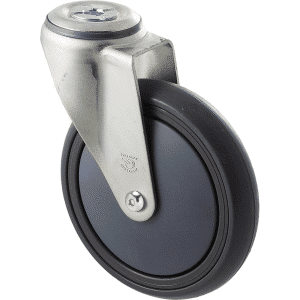 M Series castor, energy absorbent, 150mm grey rubber wheel, plain bearing, swivel bolt hole, Chicago screw axle, 200 kg load