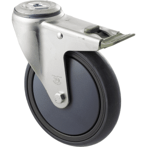 M Series castor, energy absorbent, 150mm grey rubber wheel, plain bearing, swivel bolt hole, direction lock, 200 kg load