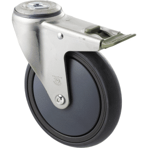 M Series castor, energy absorbent, 150mm grey rubber wheel, plain bearing, swivel bolt hole, direction lock, Chicago screw axle, 200 kg load
