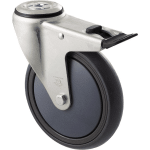 M Series castor, energy absorbent, 150mm grey rubber wheel, plain bearing, swivel bolt hole, total brake, black seal & pedal, 200 kg load