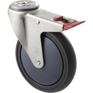 M Series castor, energy absorbent, 150mm grey rubber wheel, plain bearing, swivel bolt hole, total brake, Chicago screw axle, 200 kg load