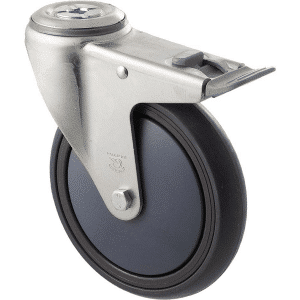 M Series castor, energy absorbent, 150mm grey rubber wheel, plain bearing, swivel bolt hole, total brake, grey seal & pedal, 200 kg load