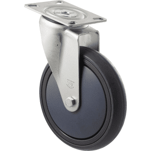 M Series castor, energy absorbent, 150mm grey rubber wheel, plain bearing, swivel plate, black seal & pedal, 200 kg load