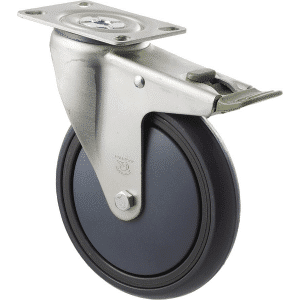 M Series castor, energy absorbent, 150mm grey rubber wheel, plain bearing, swivel plate, direction lock, 200 kg load