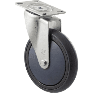 M Series castor, energy absorbent, 150mm grey rubber wheel, plain bearing, swivel North American (NA) plate, black seal & pedal, 200 kg load