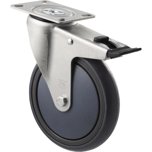 M Series castor, energy absorbent, 150mm grey rubber wheel, plain bearing, swivel North American (NA) plate, total brake, black seal & pedal, 200 kg load 1 M Series castor, energy absorbent, 150mm grey rubber wheel, plain bearing, swivel North American (NA) plate, total brake, black seal & pedal, 200 kg load