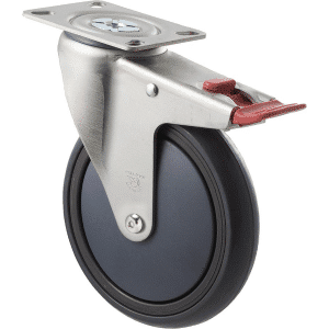 M Series castor, energy absorbent, 150mm grey rubber wheel, plain bearing, swivel plate, total brake, Chicago screw axle, 200 kg load