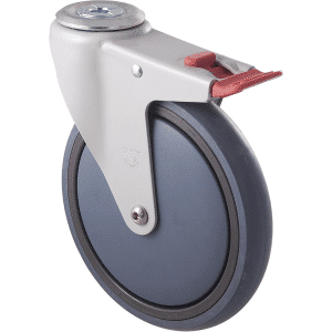 M Series castor, energy absorbent, 175mm grey rubber wheel, plain bearing, swivel bolt hole, total brake, 200 kg load