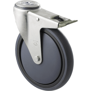 M Series castor, energy absorbent, 175mm grey rubber wheel, plain bearing, swivel bolt hole, direction lock, 200 kg load
