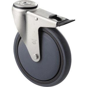 M Series castor, energy absorbent, 175mm grey rubber wheel, plain bearing, swivel bolt hole, total brake, black seal & pedal, 200 kg load