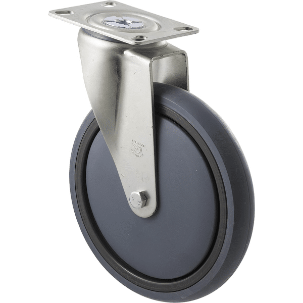 M Series castor, energy absorbent, 175mm grey rubber wheel, plain bearing, swivel plate, 200 kg load 1 M Series castor, energy absorbent, 175mm grey rubber wheel, plain bearing, swivel plate, 200 kg load