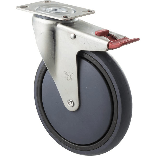 M Series castor, energy absorbent, 175mm grey rubber wheel, plain bearing, swivel North American (NA) plate, total brake, Chicago screw axle, 200 kg load 1 M Series castor, energy absorbent, 175mm grey rubber wheel, plain bearing, swivel North American (NA) plate, total brake, Chicago screw axle, 200 kg load