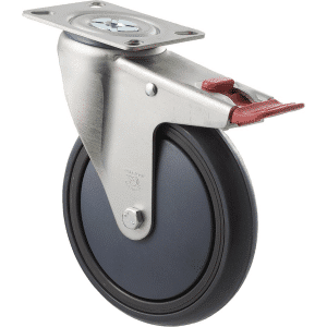 M Series castor, energy absorbent grey rubber, precision bearing, swivel plate, total brake, 150mm 200 kg load