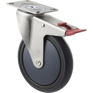 M Series castor, energy absorbent grey rubber, precision bearing, swivel plate, total brake, Chicago screw axle 150mm 200 kg load