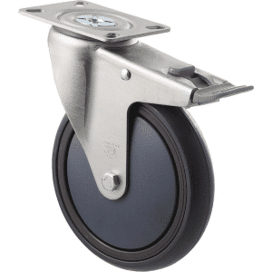 M Series castor, energy absorbent grey rubber, precision bearing, swivel plate, total brake, grey seal & pedal 150mm 200 kg load