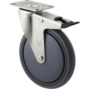 M Series castor, energy absorbent, 175mm grey rubber, precision bearing, swivel plate, total brake, black seal & pedal, 200 kg load