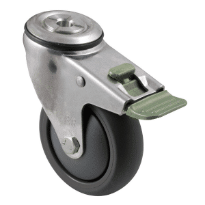 M Series stainless steel specialised castor, 100mm polyurethane on nylon wheel, plain bearing, swivel bolt hole, direction lock, Bluestone thread guard, 200 kg load