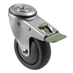 M Series stainless steel specialised castor, 100mm polyurethane on nylon wheel, plain bearing, swivel bolt hole, direction lock, Bluestone thread guard, 200 kg load