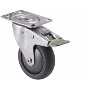 M Series stainless steel specialised castor, 100mm polyurethane on nylon wheel, plain bearing, swivel plate, direction lock, Bluestone thread guard, 200 kg load