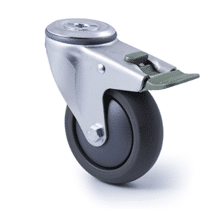 M Series castor, 100mm polyurethane on nylon wheel, plain bearing, swivel bolt hole, direction lock, Bluestone thread guard, 200 kg load