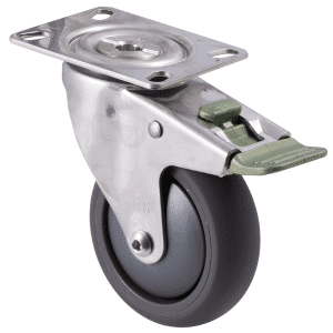 M Series stainless steel specialised castor, 125mm polyurethane on nylon wheel, plain bearing, direction lock, Bluestone thread guard, 200 kg load