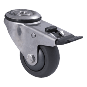 M Series stainless steel specialised castor, 75mm polyurethane on nylon wheel, plain bearing, swivel bolt hole, total brake, Bluestone thread guard, 200 kg load