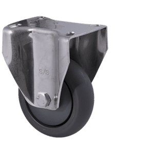 M Series stainless steel specialised castor, 100mm polyurethane on nylon wheel, precision bearing, fixed plate, Bluestone thread guard, 200 kg load