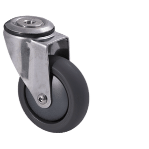 M Series stainless steel specialised castor, 100mm polyurethane on nylon wheel, precision bearing, swivel bolt hole, Bluestone thread guard, 200 kg load