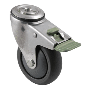 M Series stainless steel specialised castor, 100mm polyurethane on nylon wheel, precision bearing, swivel bolt hole, direction lock, Bluestone thread guard, 200 kg load