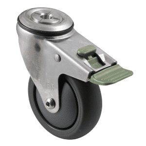 M Series stainless steel specialised castor, 100mm polyurethane on nylon wheel, precision bearing, swivel bolt hole, direction lock, Bluestone thread guard, 200 kg load