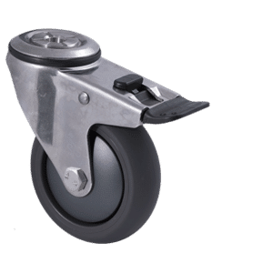 M Series stainless steel specialised castor, 100mm polyurethane on nylon wheel, precision bearing, swivel bolt hole, total brake, Bluestone thread guard, 200 kg load