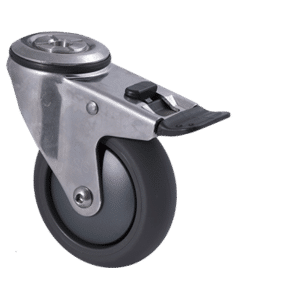 M Series stainless steel specialised castor, 100mm polyurethane on nylon wheel, precision bearing, swivel bolt hole, total brake, Bluestone thread guard, 200 kg load
