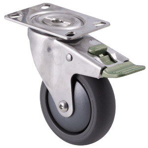 M Series stainless steel specialised castor, 100mm polyurethane on nylon wheel, precision bearing, direction lock, Bluestone thread guard, 200 kg load