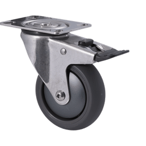 M Series stainless steel specialised castor, 100mm polyurethane on nylon wheel, precision bearing, total brake, Bluestone thread guard, 200 kg load